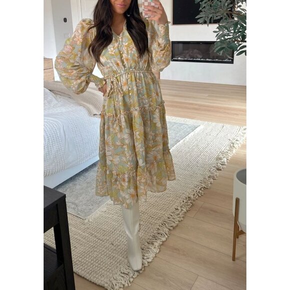 Rachel Parcell Daisy Floral Chiffon Drawstring Midi-Dress Light Blue Yellow Med - Picture 1 of 13